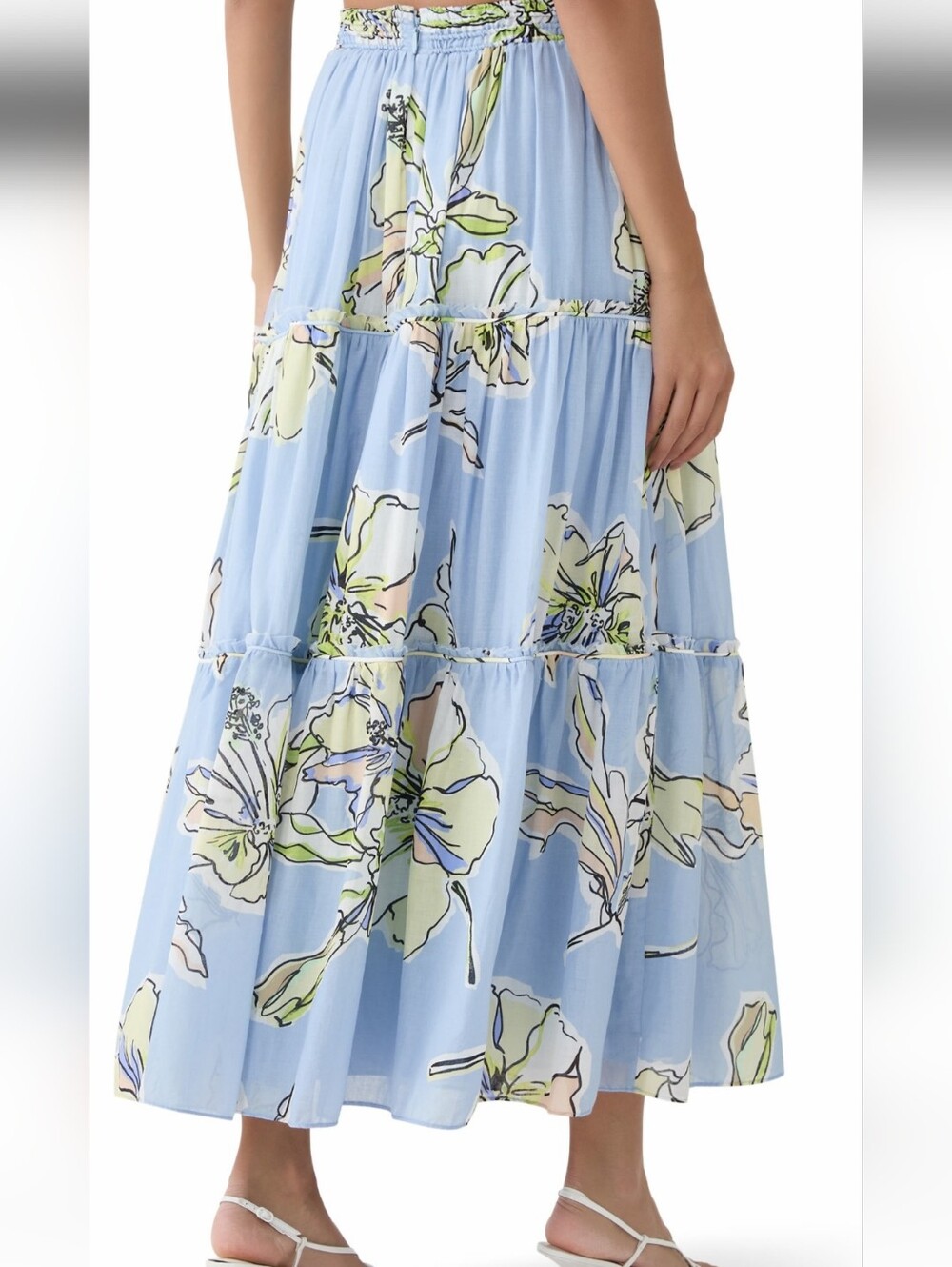 NWT Aje Pastel Blue Floral Tiered Maxi Skirt with Light Green Accents